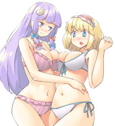 Rule 34 | 2girls, alice margatroid, arnest, bikini, blonde hair, blue bow, blue eyes, blunt bangs, blush, bow, breast press, breasts, cleavage, collarbone, crescent, crescent hair ornament, frilled bikini, frills, front-tie top, groin, hair bow, hair ornament, hairband, hand on another&#039;s hip, highres, lolita hairband, long hair, looking at another, multi-tied hair, multiple girls, navel, open mouth, patchouli knowledge, pink bikini, purple eyes, purple hair, red bow, short hair, side-tie bikini bottom, sidelocks, smile, striped bikini, striped clothes, surprised, swimsuit, symmetrical docking, thighs, touhou, vertical stripes, white background, white bikini