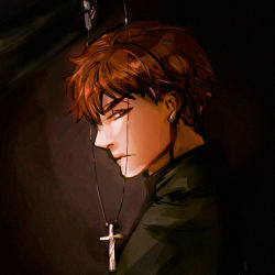 Rule 34 | 1boy, brown eyes, brown hair, crimo, cross, cross necklace, fate/zero, fate (series), jewelry, kotomine kirei, male focus, necklace, solo
