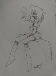 Rule 34 | 1other, androgynous, arms between legs, chinese text, graphite (medium), greyscale, headband, highres, jacket, kurohebi, legwear garter, len&#039;en, ling s, monochrome, no nose, open clothes, open jacket, other focus, shirt, short hair, simple background, sketch, socks, traditional media, translation request, white background