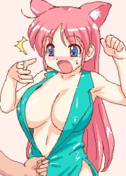 Rule 34 | 1girl, animal ears, blue eyes, blush, breasts, center opening, cleavage, covered erect nipples, huge breasts, long hair, lowres, oekaki, open clothes, open shirt, pink hair, potato house, shirt, solo focus, surprised, unzipped