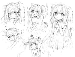 Rule 34 | !, !!, 1girl, :d, afterimage, animal ears, bare arms, bare shoulders, blush, bow, cat ears, cat girl, cat tail, closed mouth, collarbone, dress, finger to mouth, greyscale, hair ribbon, hands up, head tilt, heart, monochrome, multiple views, nose blush, open mouth, original, own hands together, parted lips, ribbon, riria (happy strawberry), see-through silhouette, simple background, sketch, sleeveless, sleeveless dress, smile, surprised, tail, tail bow, tail ornament, tail raised, translation request, wavy mouth, white background