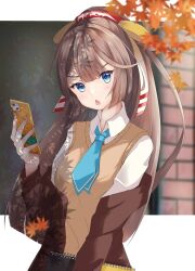 Rule 34 | 1girl, alternate costume, asymmetrical bangs, autumn leaves, blue eyes, blue necktie, blurry, blurry background, blurry foreground, brick wall, brown jacket, brown sweater vest, collared shirt, hair ribbon, high ponytail, holding, holding notebook, holding phone, jacket, kantai collection, kazagumo (kancolle), leaf, looking at viewer, maple leaf, necktie, notebook, off shoulder, open mouth, phone, remimiku, ribbon, shirt, solo, sweater vest, white ribbon, white shirt