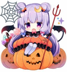 Rule 34 | 1girl, alternate costume, basket, black gloves, blue bow, bow, candy, chibi, demon tail, demon wings, double bun, dress, fang, food, frilled dress, frills, gloves, hair bow, hair bun, halloween, halloween costume, holding, jack-o&#039;-lantern, jpeg artifacts, lollipop, long hair, looking at viewer, open mouth, orange dress, patchouli knowledge, polearm, pumpkin, purple eyes, purple hair, purple thighhighs, red bow, shiika yuno, silk, simple background, smile, solo, spider web, striped clothes, striped thighhighs, tail, thighhighs, touhou, trident, vertical-striped clothes, vertical-striped thighhighs, very long hair, weapon, white background, wings