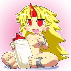 Rule 34 | 1girl, baby bottle, barefoot, blonde hair, bottle, breasts, censored nipples, fang, feet, female focus, gomi ichigo, highres, horns, hoshiguma yuugi, large breasts, long hair, nude, open mouth, oversized object, red eyes, single horn, sitting, soles, solo, toes, touhou