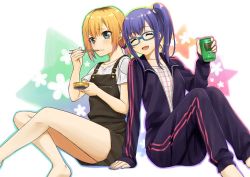 Rule 34 | 10s, 2girls, 403 (artist), :d, ^ ^, arm support, back-to-back, barefoot, blonde hair, can, chopsticks, closed eyes, dress, eating, food, glasses, green eyes, imai midori, long hair, long legs, long sleeves, miyamori aoi, multiple girls, open mouth, ponytail, shirobako, short hair, short ponytail, short sleeves, side-by-side, side ponytail, smile, star (symbol), tears, track suit, unzipped, white background