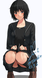Rule 34 | 1girl, amagami, black cardigan, black hair, black one-piece swimsuit, black sailor collar, black skirt, blue sweater, blush, breasts, brown eyes, brown footwear, cardigan, clothes lift, collarbone, commentary, dated, dress shirt, highres, kibito high school uniform, knees together feet apart, lifting own clothes, light smile, loafers, long sleeves, looking at viewer, nanasaki ai, one-piece swimsuit, open cardigan, open clothes, pleated skirt, revision, sailor collar, school uniform, shadow, shirt, shoes, short hair, signature, simple background, skirt, skirt lift, small breasts, smile, solo, squatting, sweater, swimsuit, swimsuit under clothes, twitter username, upskirt, white background, white shirt, yoo tenchi