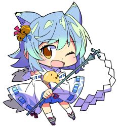 Rule 34 | 1girl, :d, ahoge, animal ears, azur lane, bell, bird, blue hair, brown eyes, chibi, chick, commentary request, fox ears, fubuki (azur lane), full body, gohei, hair bell, hair ornament, highres, japanese clothes, jingle bell, looking at viewer, one eye closed, open mouth, ribbon-trimmed sleeves, ribbon trim, roku no hito, simple background, smile, standing, white background, wide sleeves