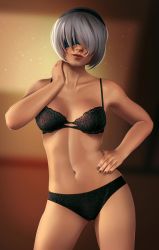 Rule 34 | 1girl, black bra, black panties, blindfold, bra, breasts, cleavage, collarbone, hairband, hand on own hip, hand on own neck, highres, large breasts, nail polish, navel, nier (series), nier:automata, orange background, panties, short hair, silver hair, square enix, standing, underwear, v1mpaler, 2b (nier:automata)