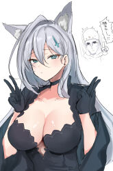Rule 34 | 1girl, 1other, animal ear fluff, animal ears, black choker, black dress, black gloves, blue archive, breasts, character request, choker, cleavage, closed mouth, collarbone, commentary request, double v, dress, flying sweatdrops, gloves, grey eyes, grey hair, hair between eyes, hair ornament, hands up, highres, large breasts, long hair, looking at viewer, nyakonro (nekonro), pointing, shiroko (blue archive), shiroko terror (blue archive), simple background, translation request, upper body, v, very long hair, white background