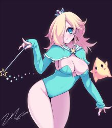 Rule 34 | 1girl, alternate costume, arched back, blonde hair, blue eyes, blue leotard, blue shawl, blush, breasts, brooch, cleavage, commentary, covered navel, crown, dated, detached sleeves, earrings, eyelashes, fingernails, hair over one eye, highleg, highleg leotard, highres, jewelry, large breasts, leotard, lips, long hair, long sleeves, luma (mario), mario (series), nail polish, nintendo, pantyhose, rosalina, scarlet zel, shawl, signature, smile, sparkle, star (symbol), star earrings, strapless, strapless leotard, super mario galaxy, thigh gap, thighs, wand, white pantyhose