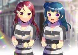 Rule 34 | 2girls, :d, blue hair, blurry, blurry background, brown eyes, closed mouth, collarbone, collared shirt, commentary request, commission, cuffs, depth of field, dress shirt, hair ornament, hairclip, handcuffs, kou hiyoyo, long hair, looking at viewer, love live!, love live! sunshine!!, multiple girls, open mouth, prison clothes, purple eyes, red hair, sakurauchi riko, shirt, short sleeves, skeb commission, smile, striped, striped shirt, tsushima yoshiko