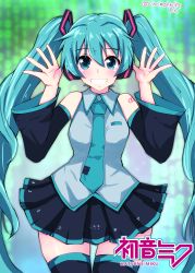 Rule 34 | 1girl, absurdly long hair, absurdres, anniversary, aqua eyes, aqua hair, aqua necktie, artist name, artist request, bare shoulders, black skirt, black sleeves, black thighhighs, blue eyes, blue hair, blue necktie, breasts, captain kitahama, collarbone, collared shirt, detached sleeves, female focus, frilled shirt collar, frills, grey shirt, hair between eyes, hair ornament, hands up, hatsune miku, headphones, headset, highres, kitahama (siroimakeinu831), long hair, looking at viewer, medium breasts, miniskirt, nail polish, necktie, number tattoo, parted lips, pleated skirt, shirt, shoulder tattoo, siroimakeinu831, skirt, sleeveless, sleeveless shirt, sleeves past wrists, smile, solo, tattoo, teeth, thighhighs, tie clip, twintails, very long hair, vocaloid, wide sleeves, wing collar, zettai ryouiki