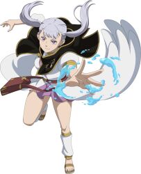 Rule 34 | 1girl, black clover, cloak, earrings, feet, grey hair, highres, jewelry, leozurcxxx, looking at viewer, magic, magical girl, miniskirt, noelle silva, purple eyes, sandals, skirt, smile, thick thighs, thighs, transparent background, twintails, water
