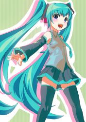 Rule 34 | 1girl, aqua hair, blue eyes, blush, detached sleeves, hatsune miku, highres, long hair, necktie, open mouth, outstretched arm, shift (waage), skirt, smile, solo, thighhighs, twintails, very long hair, vocaloid