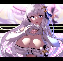 Rule 34 | 1girl, :d, ahoge, azur lane, bare shoulders, blue eyes, breasts, cleavage, detached collar, dress, elbow gloves, frills, gloves, headset, heart, heart hands, highres, idol, illustrious (azur lane), illustrious (muse) (azur lane), large breasts, letterboxed, long hair, looking at viewer, mole, mole under eye, official alternate costume, open mouth, smile, wee (weeyy), white dress, white gloves, white hair