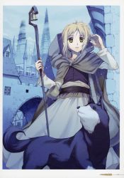 Rule 34 | 1girl, absurdres, blonde hair, brown cloak, brown eyes, cloak, dress, enekk, highres, holding, holding staff, hood, hooded cloak, koume keito, long dress, nora arento, official art, open mouth, page number, scan, short hair, solo, spice and wolf, staff, standing, white dress