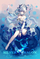Rule 34 | 1girl, bare legs, bare shoulders, barefoot, breasts, bubble, douluo dalu, dress, floating, gu yuena, hair ornament, large breasts, long hair, looking at viewer, mature female, ponytail, purple hair, qiushi zhi nanzhu, solo, splashing, water, white dress, white hair