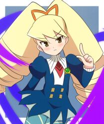 Rule 34 | 1girl, blonde hair, blue dress, blue pantyhose, brown eyes, commentary request, curakuru, dress, drill hair, index finger raised, juliet sleeves, long hair, long sleeves, looking at viewer, luna platz (mega man), mega man (series), mega man star force (series), pantyhose, pout, puffy sleeves, solo, striped clothes, striped pantyhose, twin drills, upper body, very long hair