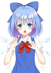 Rule 34 | &gt;:o, 1girl, :o, blue bow, blue dress, blue eyes, blue hair, bow, cirno, claw pose, dress, fang, flan (seeyouflan), hair bow, highres, ice, ice wings, looking at viewer, open mouth, puffy short sleeves, puffy sleeves, short hair, short sleeves, simple background, solo, touhou, upper body, v-shaped eyebrows, white background, wings
