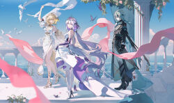 1boy 2girls aglaea_(honkai:_star_rail) anaxa_(honkai:_star_rail) ancient_greek_clothes arm_up bare_shoulders bird black_tiara blonde_hair blue_sky blurry blurry_foreground breasts bug butterfly castorice_(honkai:_star_rail) cleavage collared_jacket commentary_request day dress elbow_gloves eyepatch flower gloves greco-roman_clothes head_wreath high_heel_sandals high_heels highres honkai:_star_rail honkai_(series) insect jacket laurel_crown leaf long_hair low_ponytail multiple_girls o0oherb outdoors pillar purple_butterfly purple_flower purple_gloves railing sky smile standing tiara very_long_hair white_dress