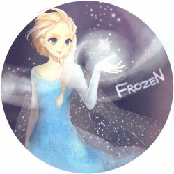 Rule 34 | 1girl, blonde hair, blue eyes, braid, cape, closed mouth, coma (fginiy), copyright name, cryokinesis, dress, elsa (frozen), frozen (disney), glowing snowflake, hair over shoulder, hair pulled back, hand up, long hair, long sleeves, round image, see-through cape, smile, snowflakes, solo