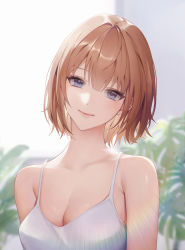 Rule 34 | 1girl, blue eyes, blurry, bowl cut, breasts, brown hair, camisole, chungla, cleavage, depth of field, hair between eyes, head tilt, highres, lens flare, looking at viewer, medium breasts, original, short hair, sleeveless, smile, solo, spaghetti strap, tree, white camisole