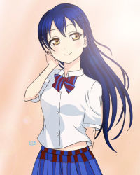 Rule 34 | 1girl, arm behind back, artist name, artist request, blue hair, blue skirt, blush, bow, bowtie, breasts, brown eyes, checkered clothes, checkered skirt, collared shirt, female focus, floating hair, hair between eyes, long hair, looking at viewer, love live!, love live! school idol project, miniskirt, otonokizaka school uniform, parted lips, pink background, plaid, plaid skirt, pleated, pleated skirt, red bow, school uniform, shirt, short sleeves, skirt, small breasts, smile, solo, sonoda umi, striped, striped bow, wavy hair, white shirt, wing collar, yellow eyes