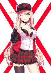 Rule 34 | 10s, 1girl, asymmetrical legwear, bare shoulders, baseball cap, black thighhighs, blue eyes, bra, breasts, choker, cleavage, darling in the franxx, earrings, hat, highres, hoop earrings, horns, jewelry, large breasts, long hair, looking at viewer, mismatched legwear, off shoulder, one eye closed, open clothes, pink hair, plaid, plaid skirt, skirt, smile, solo, standing, thighhighs, tongue, tongue out, underwear, violetsang, zero two (darling in the franxx)