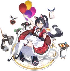 Rule 34 | 1girl, :d, apron, ark order, artist request, balloon, bird, black bow, black footwear, black hair, bluebird, bow, bucket, cake, cup, dress, drinking glass, food, fork, frilled apron, frilled cuffs, frilled dress, frills, full body, hair ornament, hair scrunchie, high ponytail, holding, holding fork, holding plate, houtu (ark order), long hair, looking at viewer, low-tied long hair, mary janes, mop, official art, omelet, omurice, open mouth, oversized object, paw print, penguin, plate, puffy short sleeves, puffy sleeves, red dress, scrunchie, shoes, short sleeves, sidelocks, smile, solo, tachi-e, teacup, thighhighs, transparent background, very long hair, white apron, white scrunchie, white thighhighs, wine glass, wrist cuffs, yellow eyes