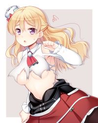 Rule 34 | 10s, blonde hair, breasts, hat, kantai collection, long hair, long sleeves, looking at viewer, midriff, navel, open mouth, pantyhose, purple eyes, shirogane rio (artist), sleeves past wrists, solo, squiggle, sweatdrop, torn clothes, underboob, zara (kancolle)