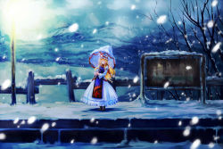 Rule 34 | 1girl, armband, bare tree, blonde hair, boots, breasts, cloud, cloudy sky, dress, closed eyes, female focus, fence, flame print, forest, frilled dress, frills, hat, hat ribbon, holding, holding umbrella, lamppost, long hair, long sleeves, mob cap, mountain, nature, night, night sky, red scarf, ribbon, ribbon trim, sakino shingetsu, scarf, scenery, sky, small breasts, smile, snow, snowing, solo, standing, tabard, touhou, train station, tree, umbrella, valley, very long hair, white dress, wide sleeves, wind, yakumo yukari, yin yang