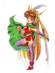Rule 34 | 1girl, armor, blue eyes, bracelet, breastplate, brown hair, cape, full body, green cape, hanjuku hero, headdress, highres, holding, holding sword, holding weapon, jewelry, long hair, looking at viewer, non-web source, official art, purple thighhighs, red footwear, side slit, simple background, solo, standing, standing on one leg, sword, thighhighs, very long hair, weapon, white background