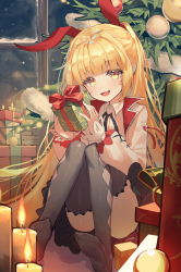 Rule 34 | 1girl, :d, absurdres, animal ears, bad id, bad pixiv id, blonde hair, box, candle, christmas, christmas ornaments, christmas tree, closers, collared shirt, commentary, english commentary, fang, fire, gift, gift box, grey thighhighs, hands up, highres, holding, holding gift, indoors, jacket, long hair, long sleeves, looking at viewer, lucy (closers), no shoes, open clothes, open jacket, open mouth, puffy long sleeves, puffy sleeves, rabbit ears, shirt, sleeves past wrists, smile, soles, solo, thighhighs, very long hair, white jacket, white shirt, window, yellow eyes, zain (jiha3905)