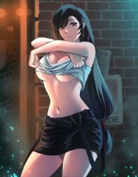 Rule 34 | 1girl, bare arms, bare shoulders, black hair, black skirt, breasts, brick wall, cleavage, clothes lift, commission, cowboy shot, crop top, crossed arms, dangle earrings, earrings, final fantasy, final fantasy vii, hair between eyes, hair tie, highres, jewelry, kivavis, large breasts, long hair, low-tied long hair, midriff, miniskirt, navel, parted lips, red eyes, shirt, shirt lift, skirt, sleeveless, sleeveless shirt, solo, suspenders hanging, swept bangs, tifa lockhart, underboob, white shirt