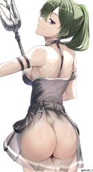 Rule 34 | 1girl, absurdres, artist name, ass, bare shoulders, black shirt, black skirt, breasts, cowboy shot, from behind, green hair, hair between eyes, highres, holding, holding staff, large breasts, long hair, looking at viewer, looking back, no panties, pleated skirt, ponytail, purple eyes, rinse 7, shirt, simple background, skirt, smile, solo, sousou no frieren, staff, ubel (sousou no frieren), white background