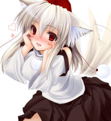 Rule 34 | 1girl, :d, animal ears, bare shoulders, blush, detached sleeves, fang, female focus, gizensha, hands on own face, hat, heart, inubashiri momiji, open mouth, red eyes, silver hair, smile, solo, tail, tail wagging, tokin hat, touhou, wolf ears, wolf tail