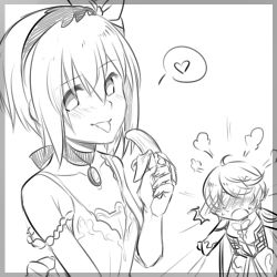 Rule 34 | 10s, 1boy, 1girl, :p, banana, blush, breasts, chibi, chibi inset, choker, edna (tales), food, fruit, greyscale, hairband, heart, jewelry, lowres, mikleo (tales), monochrome, pendant, short ponytail, small breasts, spoken heart, strap slip, tales of (series), tales of zestiria, tongue, tongue out, tusia
