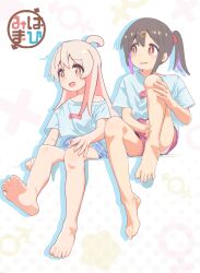 Rule 34 | 2girls, :d, absurdres, ahoge, bare legs, barefoot, blue shirt, blue skirt, blush, brown eyes, brown hair, eyelashes, feet, foot focus, foreshortening, genderswap, genderswap (mtf), hair ornament, hair ribbon, hairclip, hand on own knee, highres, knee up, legs, long hair, looking at viewer, looking to the side, male-female symbol, multicolored hair, multiple girls, onii-chan wa oshimai!, open mouth, oversized clothes, oversized shirt, oyama mahiro, oyama mihari, panties, panty peek, parted bangs, patterned background, pink hair, pink shorts, presenting foot, purple hair, red ribbon, ribbon, shirt, short sleeves, shorts, sitting, skirt, sl8-all, smile, soles, spread toes, streaked hair, t-shirt, thighs, toenails, toes, underwear, white panties