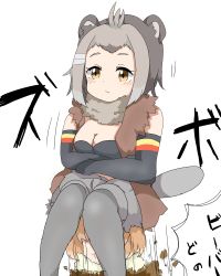 Rule 34 | 10s, 2girls, :t, american beaver (kemono friends), animal ears, beaver ears, beaver tail, black-tailed prairie dog (kemono friends), breasts, brown eyes, cleavage, commentary request, crossed arms, digging, elbow gloves, fur collar, gloves, grey legwear, highres, kemono friends, kokuin, multiple girls, pantyhose, pout, shorts, sitting, sitting on person, sketch, tail, translation request, vest, white background