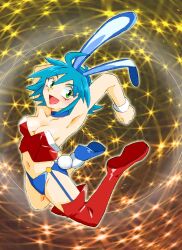 Rule 34 | 1girl, :d, adapted costume, allenby beardsley, animal ears, arms up, asymmetrical legwear, blue choker, blue hair, breasts, choker, commentary request, fake animal ears, fake tail, full body, g gundam, green eyes, gundam, looking at viewer, medium breasts, mobile trace suit, multicolored clothes, navel, onnaski, open mouth, rabbit ears, short hair, single thighhigh, smile, solo, tail, thighhighs