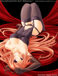 Rule 34 | 1girl, bare shoulders, black theme, breasts, bustier, cleavage, corset, eight chigusa tree, elbow gloves, garter belt, gloves, goth fashion, highres, lace, large breasts, lingerie, long hair, lying, natural another one 2nd belladonna, on back, orange hair, panties, purple eyes, red hair, red theme, solo, thighhighs, tsurugi hagane, underwear, underwear only, very long hair, yachigusa itsuki