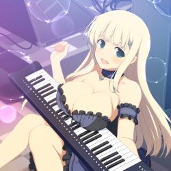 Rule 34 | 1girl, aqua background, aqua eyes, bad tag, bare shoulders, blonde hair, blush, breast rest, breasts, character azatoi, cleavage, detached collar, dress, feet out of frame, hair ornament, hairclip, hand up, highres, instrument, jewelry, keyboard (instrument), large breasts, lens flare, long hair, looking at viewer, medium breasts, necklace, open clothes, open dress, open mouth, piano, piano keys, pink background, second-party source, senran kagura, senran kagura shoujo-tachi no shin&#039;ei, sitting, smile, solo, sparkle background, yomi (senran kagura)