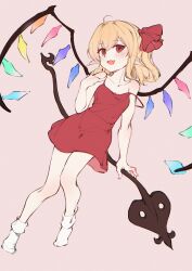 Rule 34 | absurdres, bare legs, bare shoulders, blonde hair, cindy717, crystal wings, flandre scarlet, highres, holding, holding weapon, medium hair, nightgown, pointy ears, red eyes, red nightgown, red ribbon, ribbon, socks, strap slip, touhou, weapon, white socks, wings