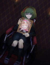 Rule 34 | 1girl, absurdres, black dress, black footwear, blonde hair, blue eyes, bow, calf socks, candle, child, danganronpa (series), danganronpa another episode: ultra despair girls, dress, enoshima junko, female focus, full body, green eyes, green hair, hair bow, hair ribbon, hairband, headband, highres, knees, long sleeves, looking at viewer, mary janes, on chair, open mouth, photo (object), picture frame, red bow, red chair, red hairband, red headband, red headwear, red ribbon, ribbon, shoes, simple background, sitting, smile, solo, solo focus, superkisa, teeth, towa monaca, twintails, wall, wheelchair, white footwear