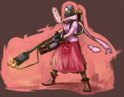 Rule 34 | 1girl, aimitsu (ibityuttyu), androgynous, boots, brown background, canister, cardigan, crossover, fire, flamethrower, full body, gas mask, gloves, helmet, holding, holding weapon, long skirt, looking at viewer, mask, matsumi yuu, mittens, parody, pyro (tf2), saki, saki (manga), saki achiga-hen, scarf, simple background, skirt, solo, team fortress 2, translation request, weapon