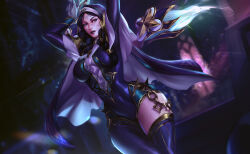 Rule 34 | 1girl, arms up, breasts, cowboy shot, drill hair, dutch angle, gloves, highres, kai&#039;sa, large breasts, league of legends, looking at viewer, parted hair, purple eyes, purple hair, shiny clothes, shiny skin, single thighhigh, sleinyeswownc, solo, star (symbol), thighhighs, twin drills, watermark