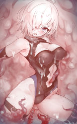 Rule 34 | 1girl, absurdres, armpits, bare shoulders, blush, breasts, cleavage, cleavage cutout, clothing cutout, collar, crying, crying with eyes open, elbow gloves, fate/grand order, fate (series), gloves, gluteal fold, greyscale, hair over one eye, highleg, highleg leotard, highres, large breasts, leotard, mash kyrielight, metal collar, monochrome, navel, navel cutout, nurami (shouji), open mouth, purple eyes, restrained, short hair, sleeveless, solo, spot color, spread legs, stationary restraints, tears, tentacles, thigh strap, thighhighs, tongue