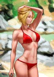 Rule 34 | 1girl, bikini, blonde hair, blue eyes, blue mary, breasts, closed mouth, commentary request, fatal fury, hand in own hair, highres, medium breasts, midriff, navel, red bikini, ryohhe, short hair, solo, swimsuit, the king of fighters