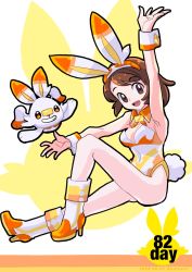 Rule 34 | 1girl, :d, animal ears, arm up, boots, brown eyes, brown hair, bunny day, commentary request, creatures (company), detached collar, fake animal ears, game freak, gen 8 pokemon, gloria (pokemon), hairband, high heel boots, high heels, highres, leotard, looking at viewer, millipen (medium), nanamako, nintendo, open mouth, playboy bunny, pokemon, pokemon (creature), pokemon swsh, rabbit ears, rabbit tail, scorbunny, smile, tail, tongue, traditional media, wrist cuffs