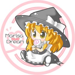 Rule 34 | 1girl, bad id, bad pixiv id, blonde hair, candy, chibi, commentary request, food, food in mouth, hat, kirisame marisa, long hair, orange hair, short sleeves, sitting, solo, touhou, witch hat, yuasan